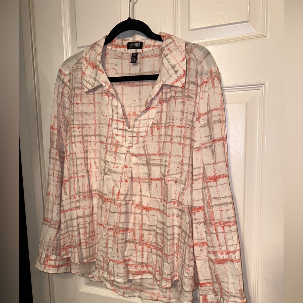 Jones New York  L Orange Plaid Linen Blend Long Sleeve Pull-over Tunic Shirt
